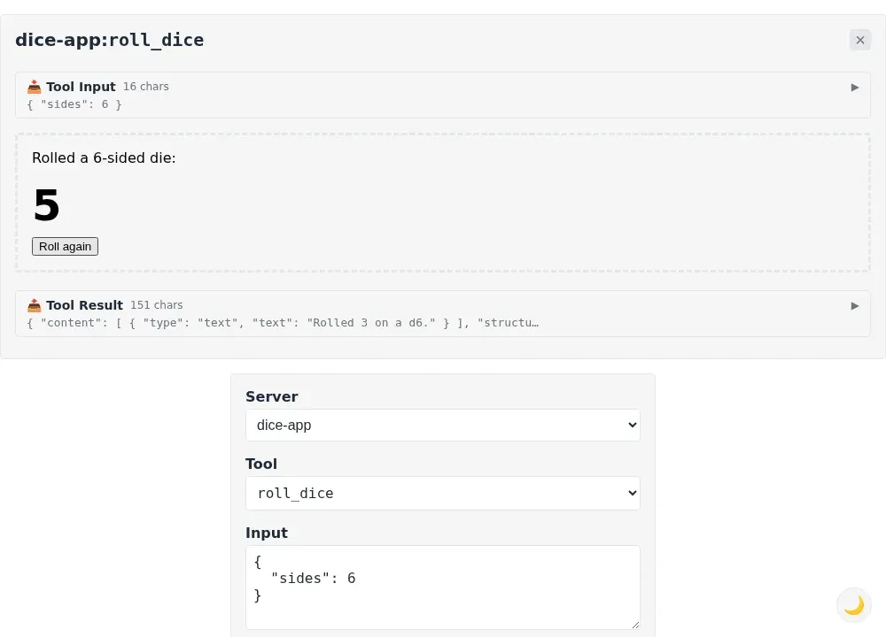 basic-host showing the dice-app View. Tool Input is { sides: 6 }; the View says Rolled a 6-sided die: 5 with a Roll again button; Tool Result shows the text Rolled 3 on a d6.